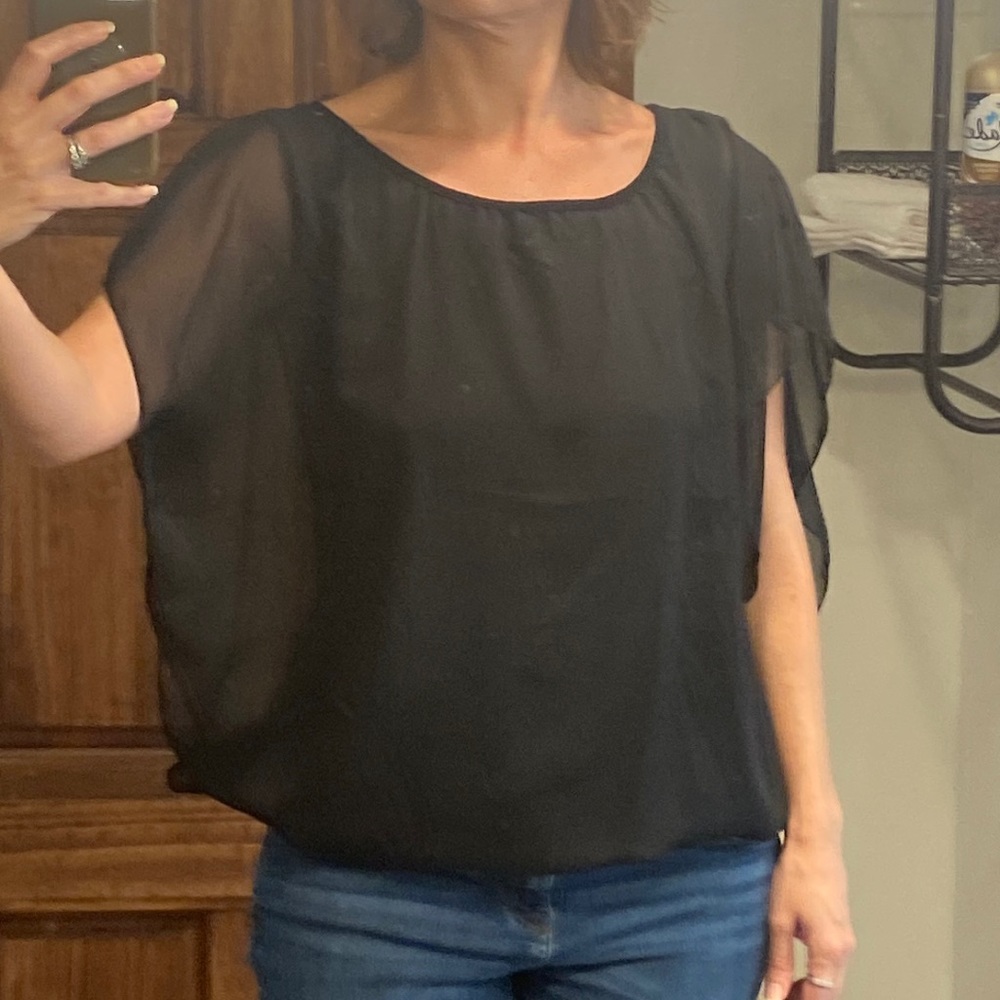 Womens black blouse with sheer overlay